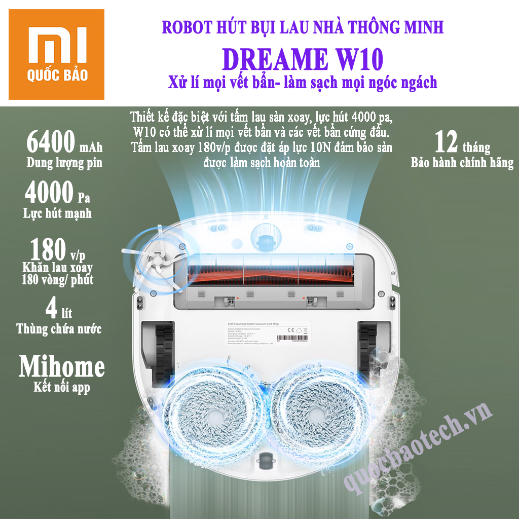 ROBOT HÚT BỤI LAU NHÀ TỰ LÀM SẠCH SÀN XIAOMI DREAME W10- BẢO HÀNH 1 NĂM CHÍNH HÃNG